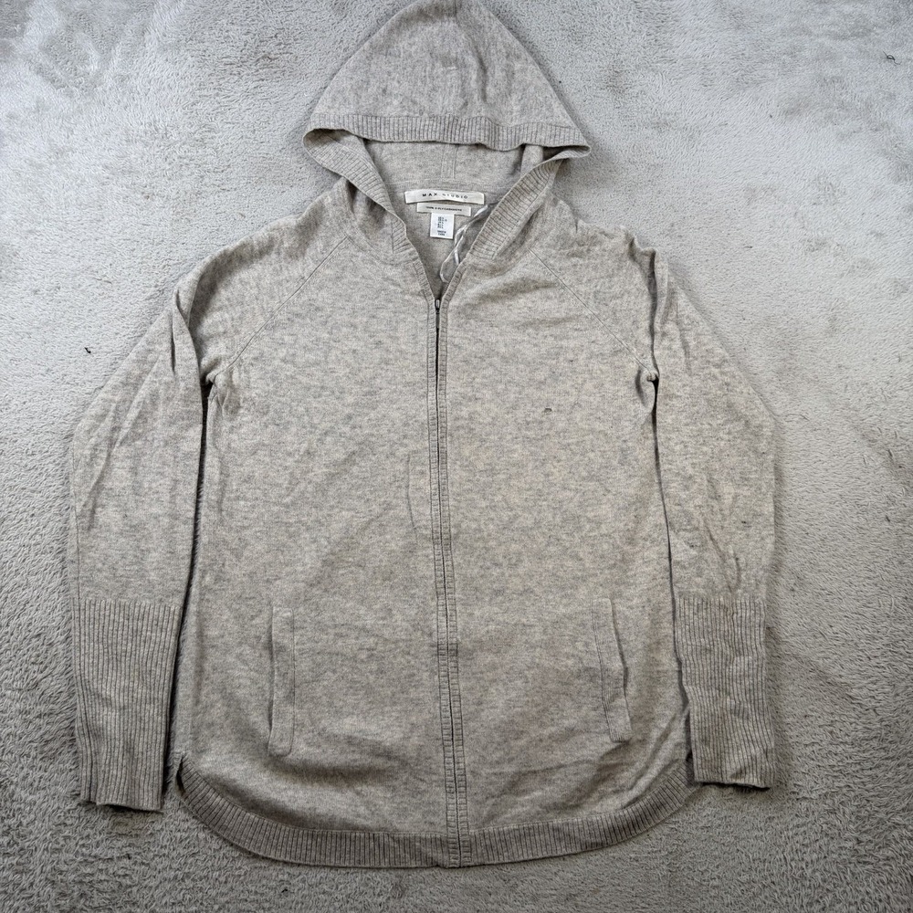 Max Studio Hoodie Sweater Womens Large (Fits Medium) Grey 100% Cashmere Full Zip